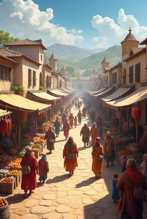 **A bustling marketplace in a small village**: 