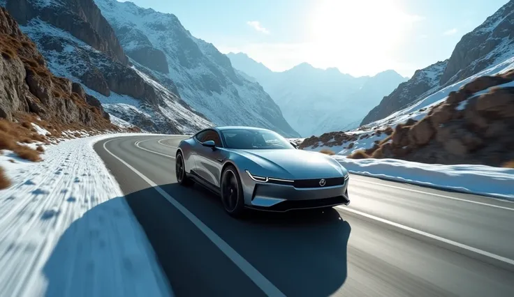 On the Move: A dynamic shot of the Polestar 2 driving on a winding mountain road, emphasizing motion blur and its agile handling.

