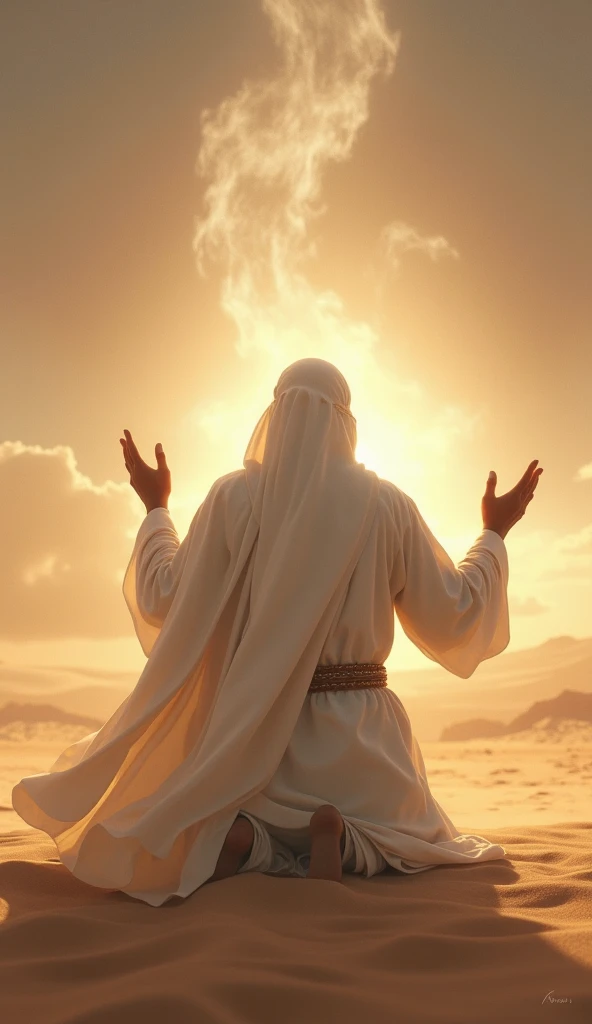 Create a serene and powerful scene depicting the Prophet Muhammad (PBUH) praying to Allah during a moment of intense struggle. Show him from the back, dressed in a simple white cloak, kneeling humbly on the desert sand. His hands are raised in earnest supp...