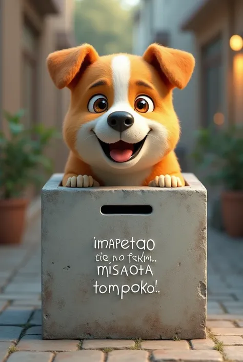 A smiling dogs head and at the bottom a rectangular trash container with a slot for entering the garbage made of cement and written on the surface  : Mba apetrao ato ny fako . Misaotra tompoko !