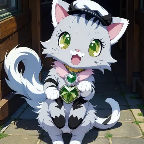 (masterpiece, best quality:1.2), jewelpet, a cat, a silver color cat, black lines shape on cat, big eyes, anime, 2d character, green eyes, white eyes, looking at the viewer, a gaiter in his hand, brown gaiter, a cap on his head, black cap, cartoon,