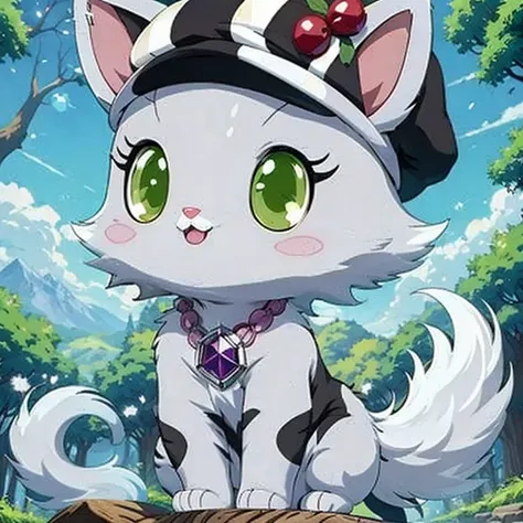 (masterpiece, best quality:1.2), jewelpet, a cat, a silver color cat, black lines shape on cat, big eyes, anime, 2d character, green eyes, white eyes, looking at the viewer, a gaiter in his hand, brown gaiter, a cap on his head, black cap, cartoon,