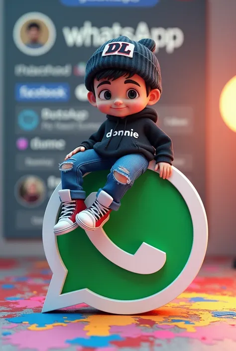 1. Create a 3D illustration of an animated character sitting relaxed on top of the social media logo "WHATSAPP". The character should wear a black hoodie with the words "DONNIE", ripped ripped jeans, and sneakers, wear a beanie hat with the DL logo, The ba...