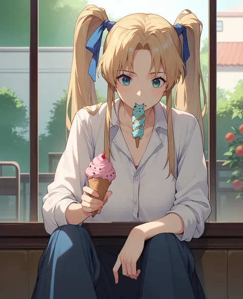 1girl, solo, Liliana Kranjčar, anime, sitting in a cafe, eating ice cream, looking out the window. 