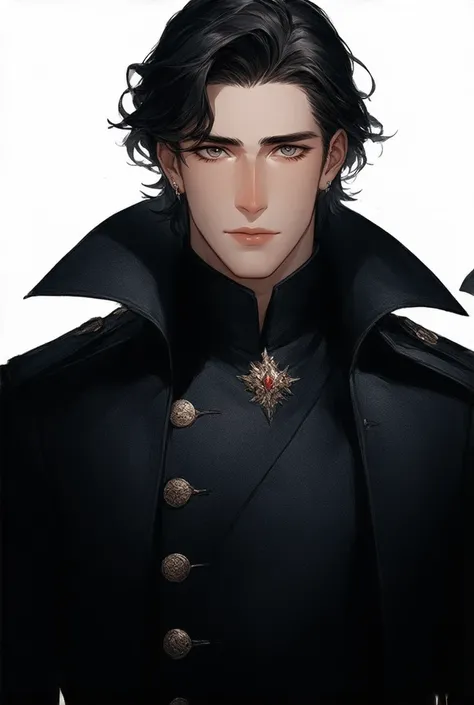 A prince, 24 years old, handsome, long black hair, grey eyes, stern looking, a black military uniform, highly detailed art work, no realism.