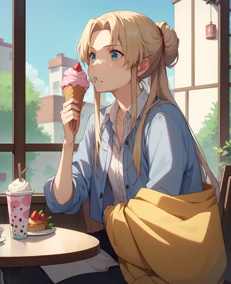 1girl, solo, Liliana Kranjčar, anime, sitting in a cafe, eating ice cream, looking out the window. 