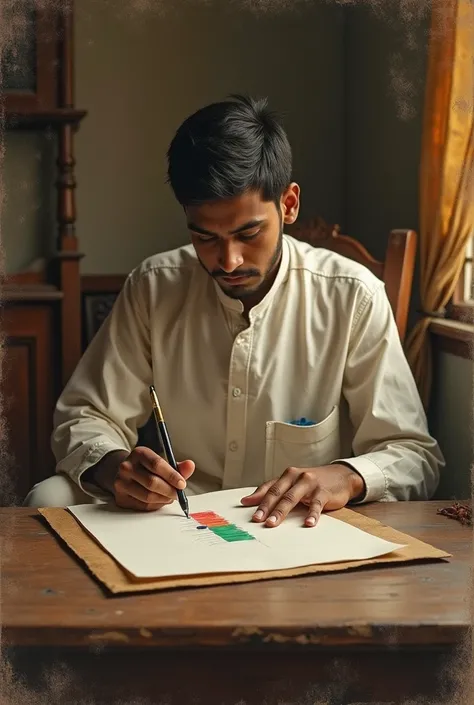 An indian man in bengali to traditional attire with age like 24, sitting on a chair and drawing a flag on a paper placed on a table. The picture should look old like from 1907. 
