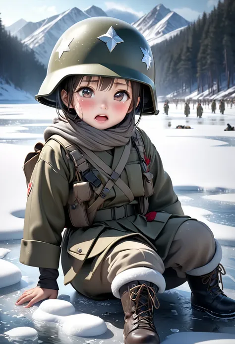  [bestquality,4K,8k, highres icon,masterpiece:1.2],ultra-detailed,[realistic,photorealistic,photo-realistic:1.2],HDR,UHD, A Young Old Japanese Army Soldier Standing on the Frozen Lake Baikal in Siberia 、 Soldiers Raise Their Faces and Cry 、 The Soldier is ...