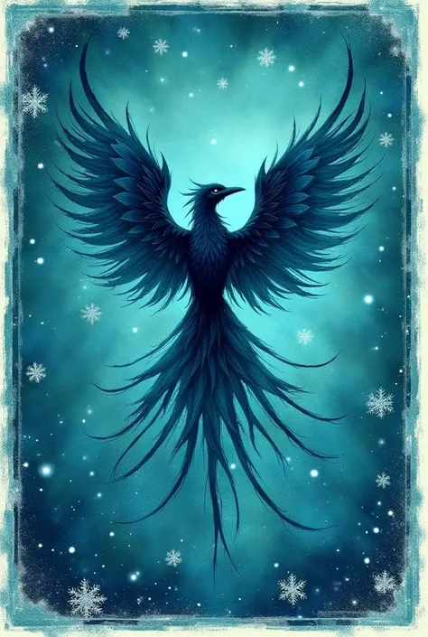 "Create a rectangular box section with a vibrant teal background featuring subtle snowflakes, sparkling effects, and small glowing accents. Inside the section, position a stylized image of a dark blue phoenix with wings outstretched, rendered in a textured...