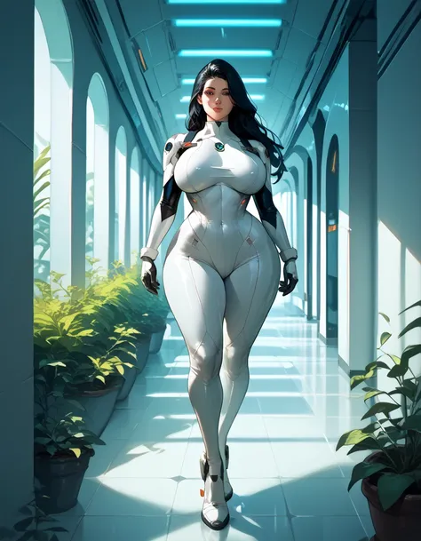  girl ,  long black hair,  white tight suit,  science fiction, lush breasts,  fat hips, clean hallway , 