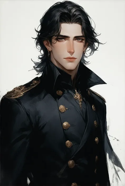 A prince, 24 years old, handsome, long black hair, grey eyes, stern looking, a black military uniform, highly detailed art work, no realism.