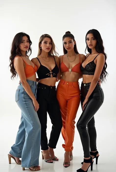 4 Latin girls with different urban outfits , with baggy pants and sexy necklines  , Posing sexy together full picture white background