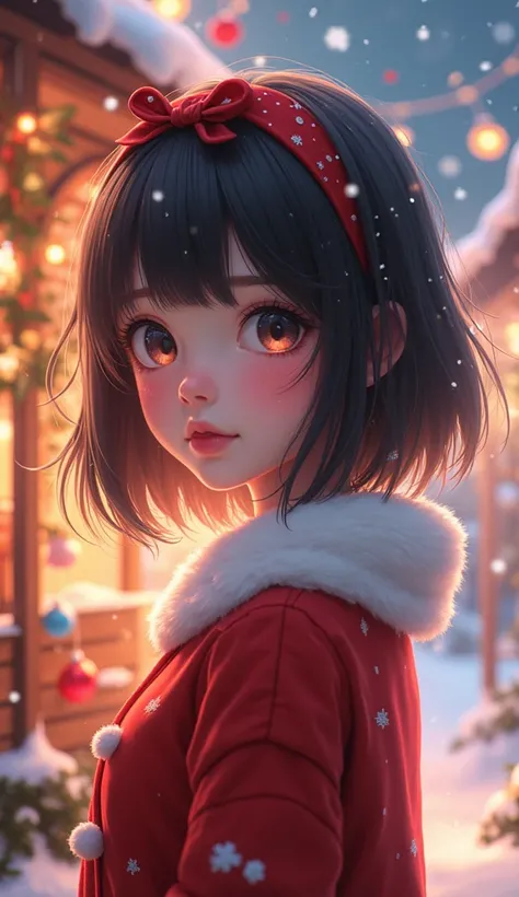 A cute anime girl, beautiful detailed eyes, beautiful detailed lips, extremely detailed face, long eyelashes, christmas outfit, fantasy style, intricate ornaments, fairy lights, snowflakes, warm lighting, cinematic, 8k, highly detailed, digital art, vibran...