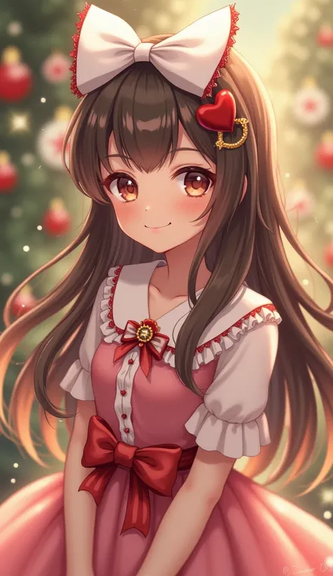  top quality、 super detailed、 very cute girl、Brown Hair、 long hair、 long straight hair 、 big white bow dress、red heart pattern ribbon 、Hiiragis hair ornament 、 Christmas Color 、