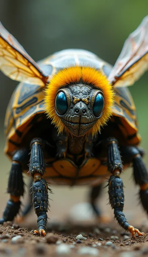 A creature that fuses the bumblebees speed and the tortoises durability, this mutant has a tortoises shell, adorned with the vibrant, fuzzy stripes of a bumblebee. It has wings that are large and robust, capable of lifting its heavy shell, and its legs are...