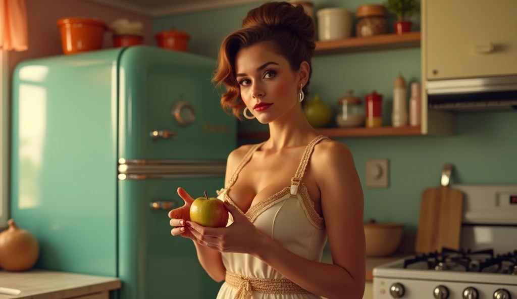 A girl full of big breasts with a red retro hairstyle in a sexy unbuttoned kitchen apron, with an apple in hands. Retro kitchen in the background ,  Retro fridge 