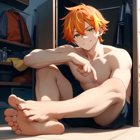 1boy, shinonome_akito, orange hair, yellow streaked hair, yellow hair, green eyes, 1 ear piercing, short hair, hair between eyes, bangs, shirtless, big pectorals, open eyes, feet on viewer, looking at viewer, gay, 5 feet fingers, foot kink ,feet focus, clo...