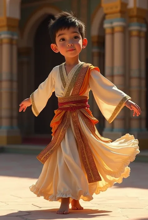 Create an image of a boy who does not have a beard or mustache wearing the typical female uniform of Arabian dance: full body.

