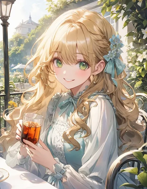  top quality、 girl、Blonde、 long hair、Perm、 green eyes、 top quality、 dress、Garden Terrace、Holding a cup、Black tea、Squint your eyes、 smiling gently 、