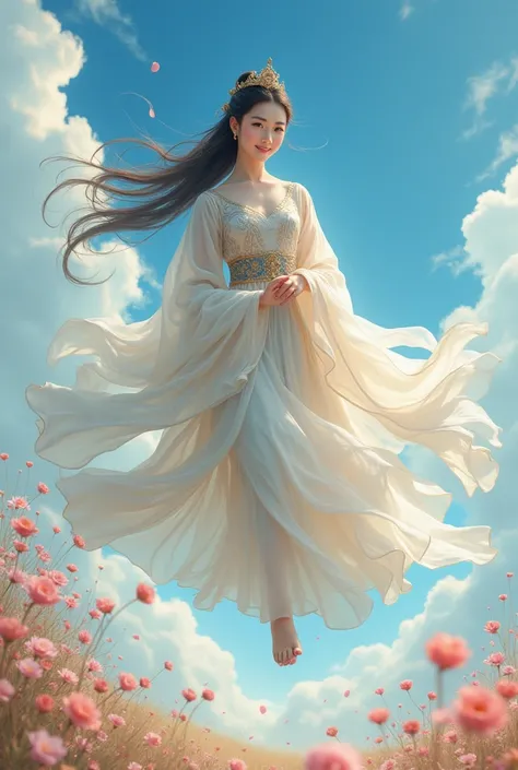 Beautiful Korean woman smiling staring at camera wearing royal clothes and wearing crown is flying over beautiful little flower blossoms there are white clouds and clear blue sky 