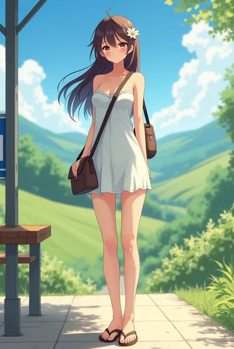 anime girl with long hair, strapless summer dress, sleeveless dress, strapless dress, white towel-like dress, hair behind shoulders, flower in hair, somewhat athletic figure, strapless, blue eyes, brown hair, strapless, detailed collarbones, flip-flops, ca...