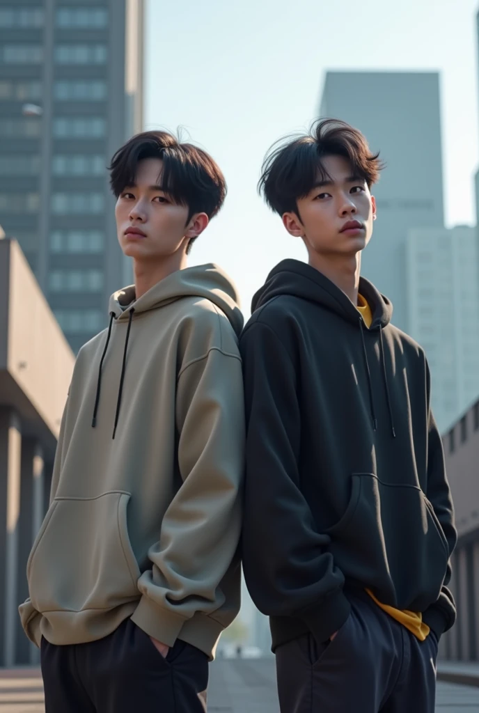 I.N из Stray s стоит с Seungmin из Stray s. There should be a Building in the background 