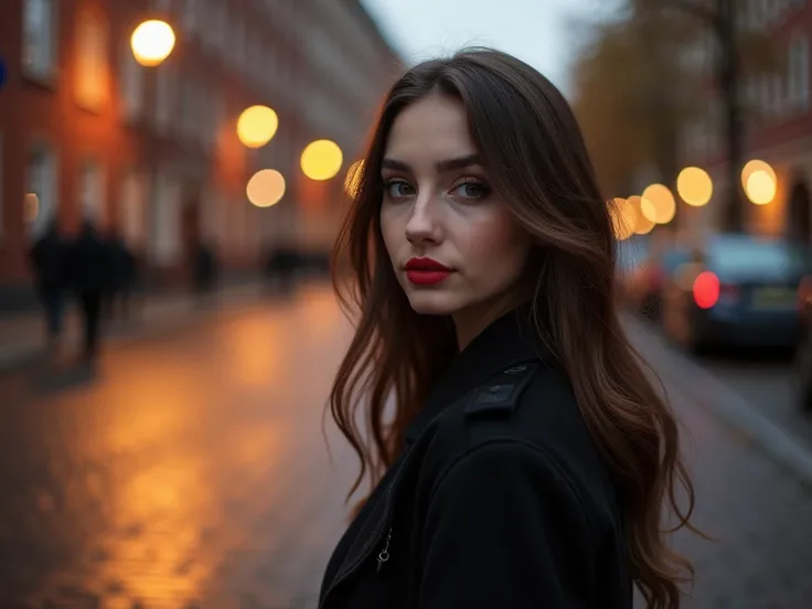 The scene is described on an autumn evening in 2010, standing on a brick-paved street. An old car is parked quietly and beside it is a young, beautiful woman. She is dressed prettily, with red lipstick and light make-up adding a touch of glamour. She turns...