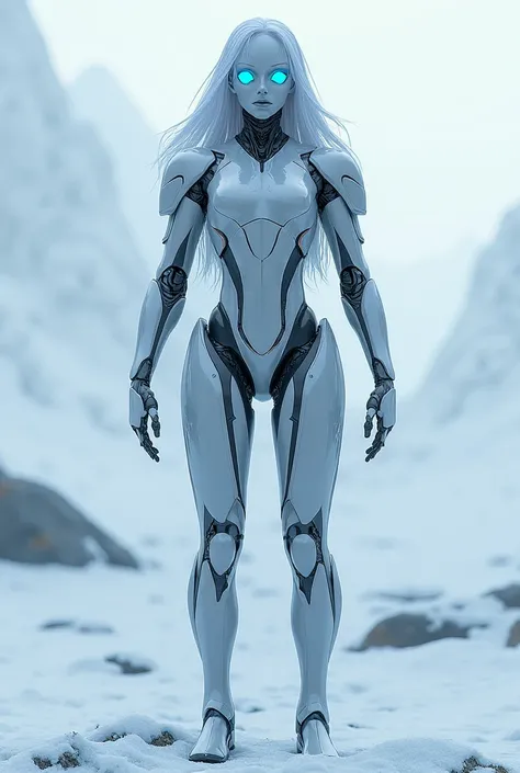 Create an image of polynetica robot which has beautiful blue eyes and wight hair standing in snow full body image her face like a robot 