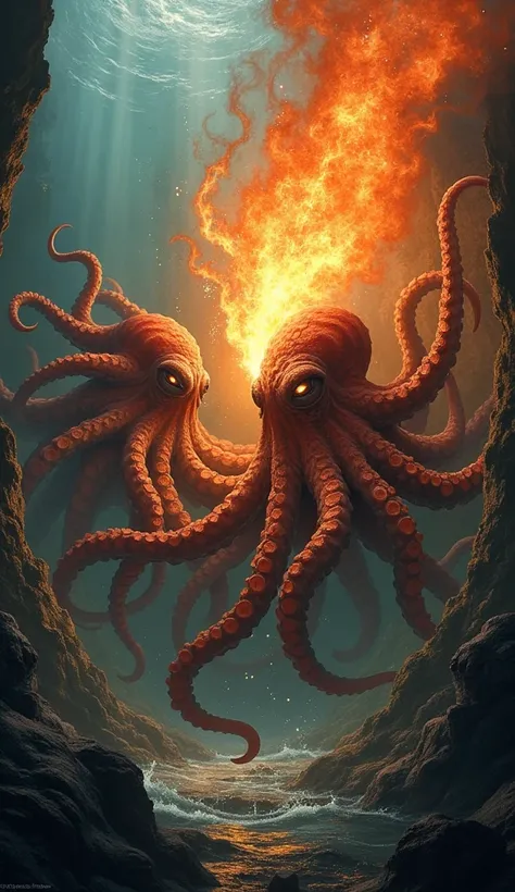 "An intense and dramatic scene featuring a giant octopus, its tentacles coiled and ready to strike, its sharp eyes glowing with anger, facing a vivid, pulsating orange light that exudes an aggressive and fiery energy. The orange light seems alive, with swi...