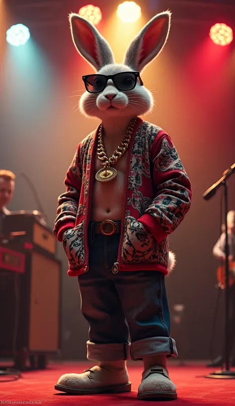 An anthropomorphic rabbit was on the singing stage, wearing a thick gold necklace.
Wearing black sunglasses, a wide-collar shirt, an exaggerated totem cardigan, and cropped "Jorts" pants