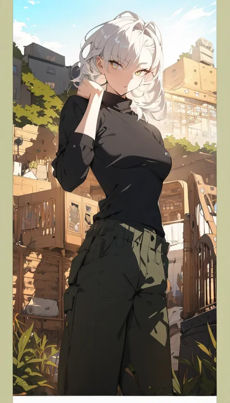 Slevee Black turtle neck,white hair, golden eyes,cargo pants,(masterpiece:1.2),  anime style,(best quality,4k,8k,highres,masterpiece:1.2),ultra-detailed, perfect eyes, perfect face, detailed face,beautiful face,
