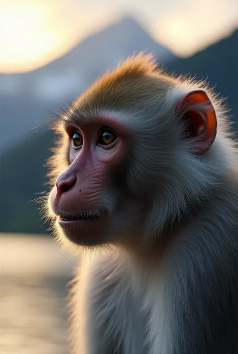  Close-up of the monkeys face with silver-grey fur ,  his face revealed his expression . He was looking away ,  his inner gaze .  The backdrop was a mountain behind ,  with the lake reflecting the light golden light of the evening