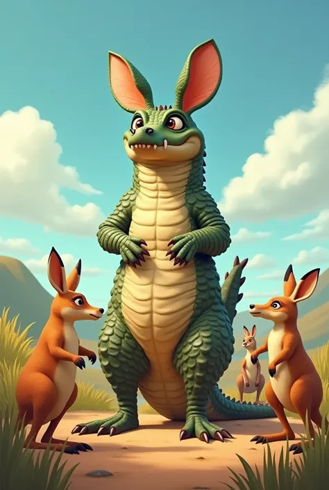 Crocodile standing in kangaroo costume and some kangaroos watching it 