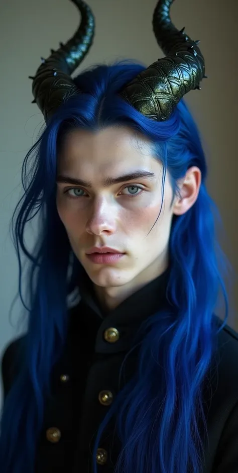 Male, 20s, deep midnight blue hair, Long Hair, Very Long Hair, swept back hair, royal violet eyes, slitted pupils, very pale skin, high cheekbones, a narrow, slightly pointed chin, straight nose, slightly fuller lips, slightly pointed ears that protrude su...