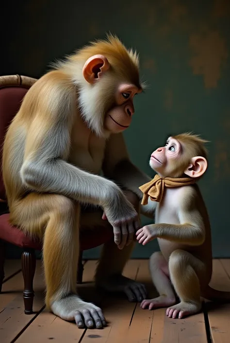 Big monkey sitting on chair ,  next to a smaller monkey standing on the wooden floor ,  the gaze directed at the big monkey as showing admiration.  Both costumes are old ,  with the little monkey wearing a small towel on his neck .  The surrounding space e...