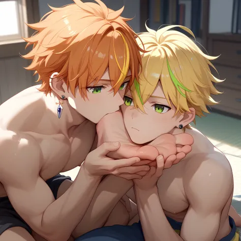 2boys, shinonome_akito, orange hair, yellow streaked hair, yellow hair, green eyes, 1 ear piercing, short hair, hair between eyes, bangs, shirtless, big pectorals, open eyes, kneeling, feet on face, looking at feet, gay, foot kink, feet focus, close up to ...