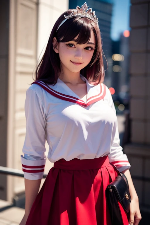 Same 1, ( tiara :1.2),   Sailor Warrior Uniform, White handbag,  red sailor color,  red skirt ,city, purple hair,
Moon Background, cowboy shot,( bright light on the face  :1.1), high definition , pose,Rim Light,
 top quality,  high definition,photo realist...