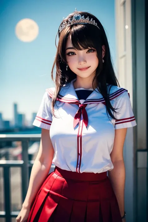 Same 1, ( tiara :1.2),   Sailor Warrior Uniform, White handbag,  red sailor color,  red skirt ,city, purple hair,
Moon Background, cowboy shot,( bright light on the face  :1.1), high definition , pose,Rim Light,
 top quality,  high definition,photo realist...