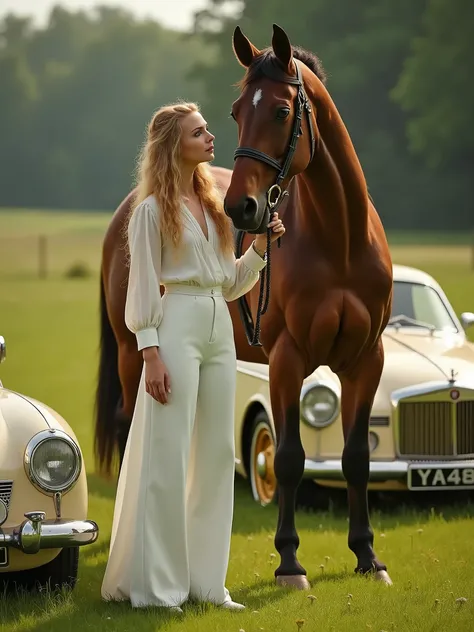 A beautiful blonde woman stands on a green meadow, dressed in white trousers, a white shirt, Victorian fashion, leading a brown horse by the bridle, gold and white cars are shown around the blonde and the horse, high detail of the shape, cinematic style