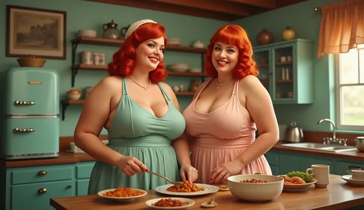  2 full-length girls with big breasts with a redhead retro hairstyle in a sexy unbuttoned kitchen apron, cooking at the kitchen table . Retro kitchen in the background ,  Retro fridge 