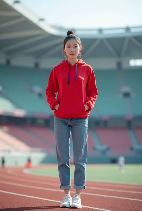  A beautiful young Chinese girl photography,  athlete volunteer ，jeans，White sneakers， has a clean and fresh face , 25 years old,  tie up the hair, Standing in front of the stadium . Wearing red sportswear,  facing the camera . photos,  Ultra HD, Potassium...