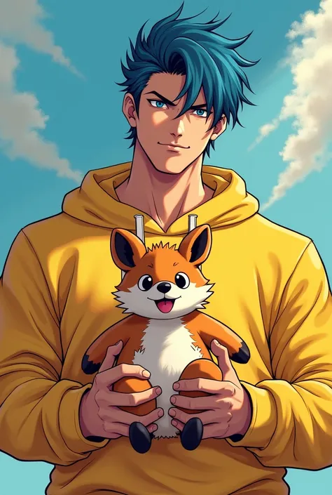 generate a man with strong jaw, blue hair, yellow sweatshirt,broad shoulders holding a quokka doll in anime(reference Stray s Bang Chan from Maniac)