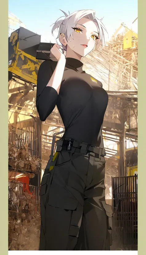 Slevee Black turtle neck,white hair, golden eyes,cargo pants,hold a toolbox,Score_9, Score_8_up, Score_7_up, Score_6_up, Score_5_up, Score_4_up, Source_anime, Tag1, Tag2, Quality_masterpiece, Anatomically correct, Beautiful face, Perfect face, Highly detai...