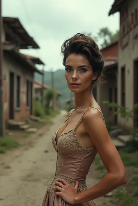 Can you create a lady from the year 1955 from Venezuela with a background of a desolate town 