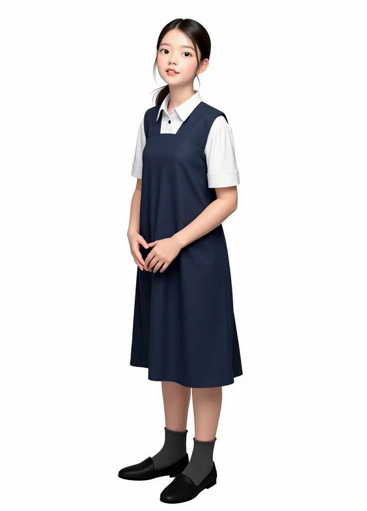 young Girl, beautiful, cute, dark blue color Pinafore, inside white collar button shirt & top button open , black color shoes, real human, Asian, V-shape
