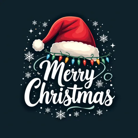 This design showcases a festive "Merry Christmas" message written in elegant white script. Above the text is a classic red Santa hat adorned with colorful Christmas lights wrapped around it. The background is decorated with sparkling snowflakes, adding a t...