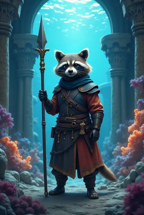 a raccoon standing looking at the camera holding a spear wearing a warrior suit guarding the gate surrounded by magical creatures. Deep beneath the waves lies a grand underwater kingdom made of shimmering coral palaces and glowing