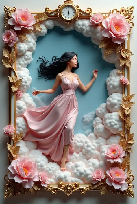 3D lavender, light pink, gold, white DIARY COVER carved sculpture gold victorian royal arc, white woman black hair in silk dress running up in the fantasy clouds, clock, laces, peony flowers, gold borderline outer lining 