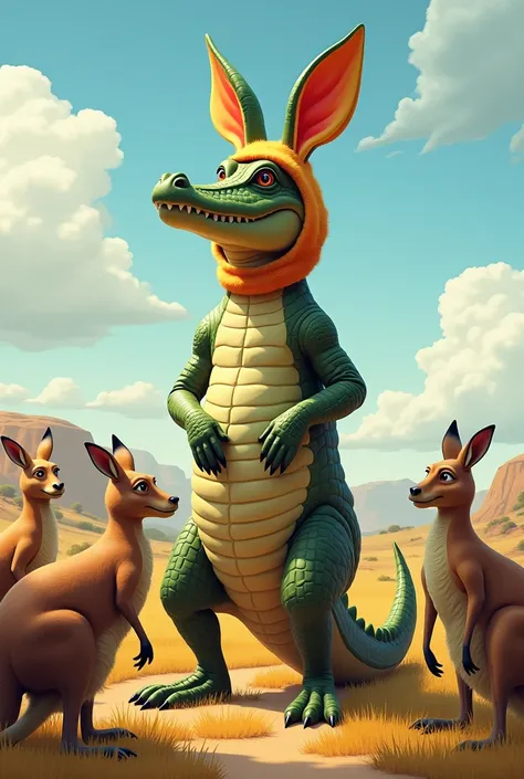 Crocodile standing in kangaroo costume and some kangaroos watching it 