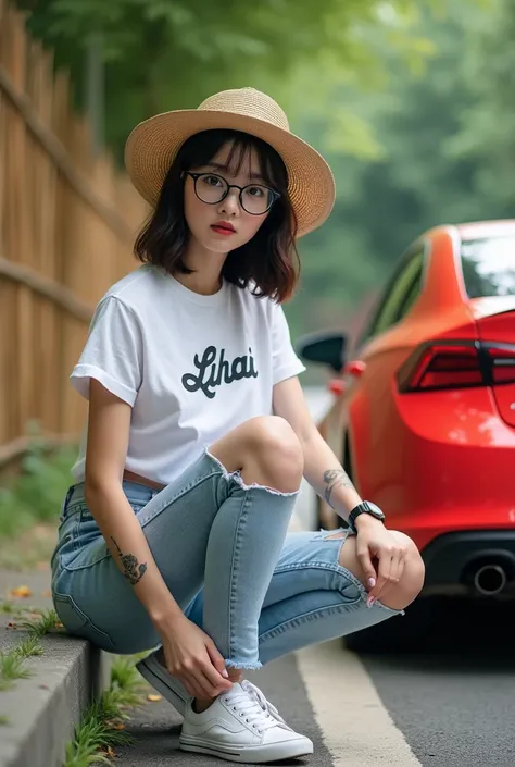  Beautiful korean girl got tatos on hand  wearing straw model hat wearing white t-shirt   crop with cropped print  "Lihai " wears short pant  ripped jeans wears black glasses wearing white vans shoes squatting white vans bounded by the curb with one leg be...